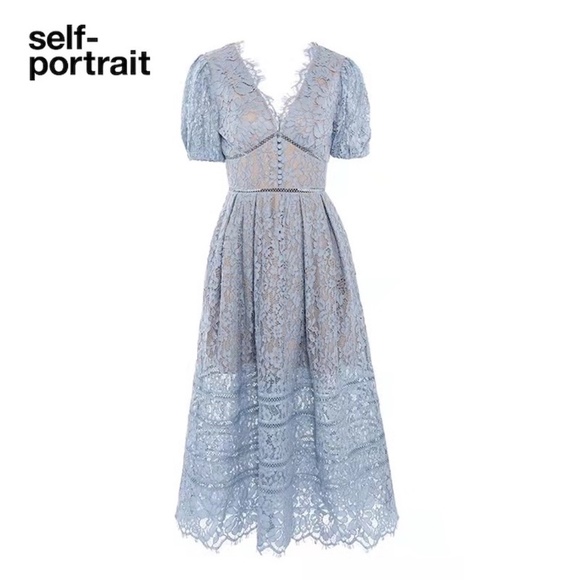 Self-Portrait Blue Fine Cord Lace Midi Dress - Picture 1 of 6